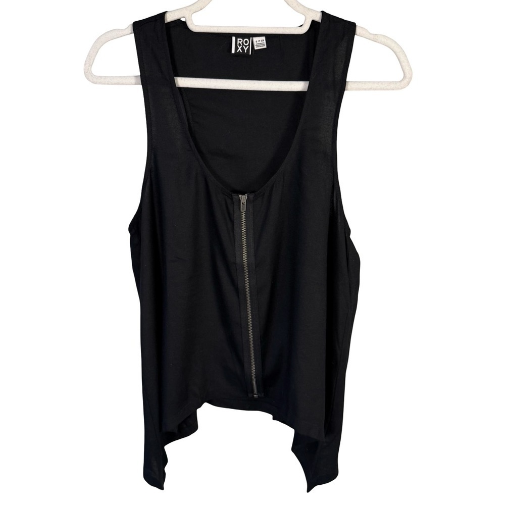 Roxy Black Zip-Front Tank Top Size S Flowy Festival Assymetrical Casual Chic